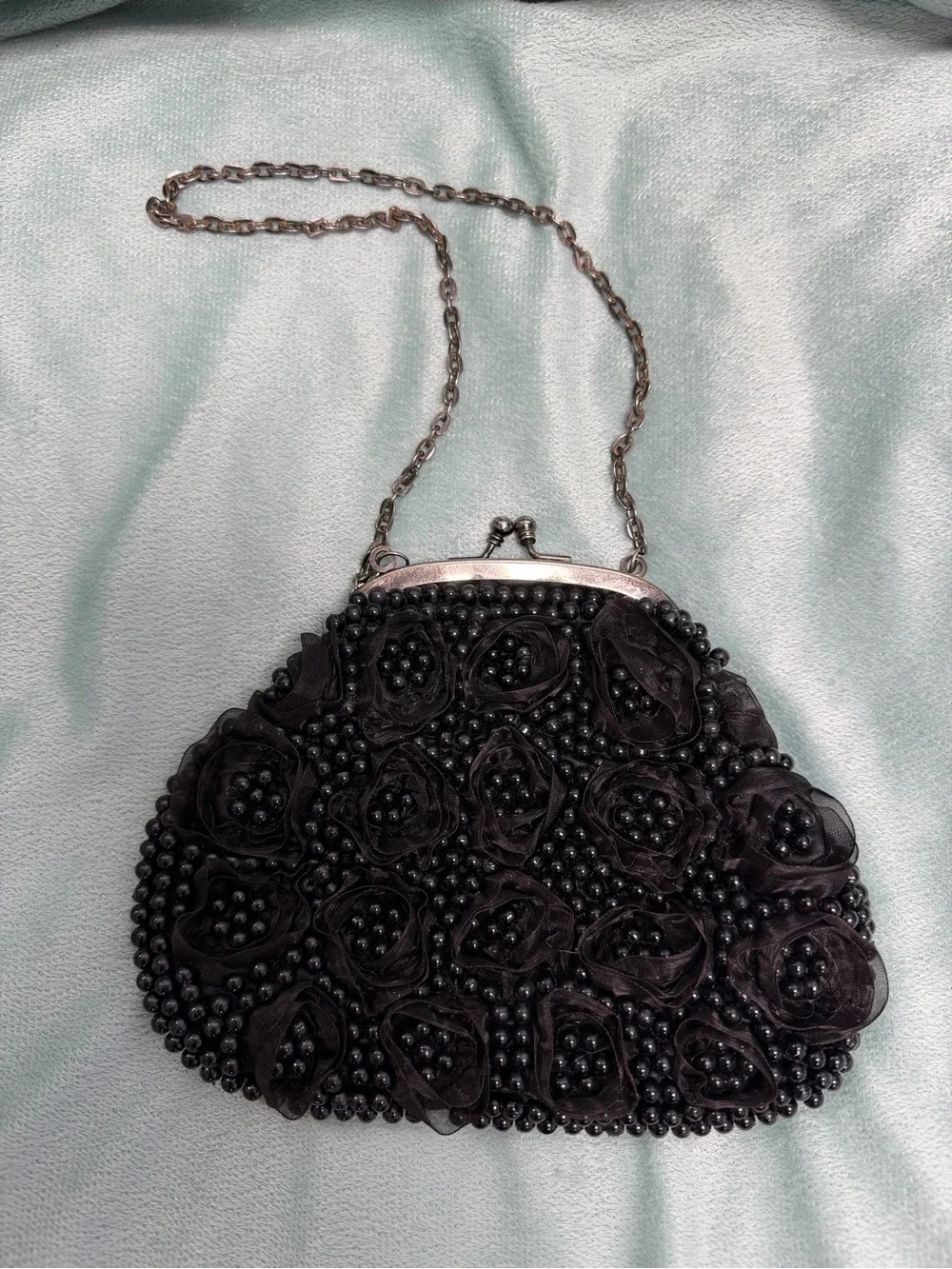 Black Beaded Floral Evening Bag with Chain Strap
